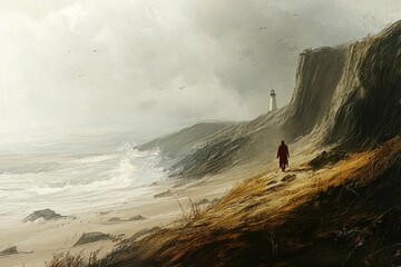 A solitary figure walks a stormy coastal path towards a lighthouse