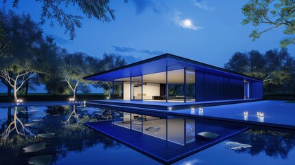 Obraz premium Deep blue modernist pavilion floats over a reflecting pool under moonlight. Sapphire steel and glass structure, minimal landscape reflections.