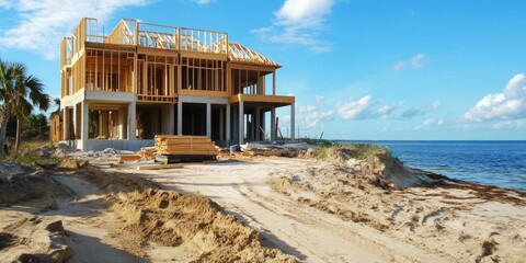 Construction of a new waterfront home on sandy shores under a blue sky with fluffy clouds