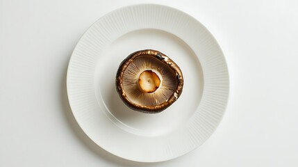 A single mushroom placed on a white plate