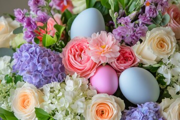 Colorful spring flower arrangement with Easter eggs in pastel shades for seasonal decoration