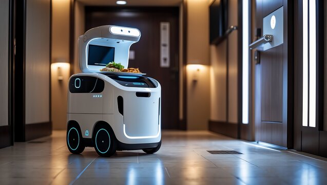 Autonomous delivery robot in a hotel corridor delivering a freshly prepared meal to a room