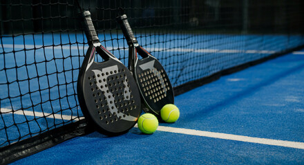 Two padel rackets and balls leaning against the net on a blue court