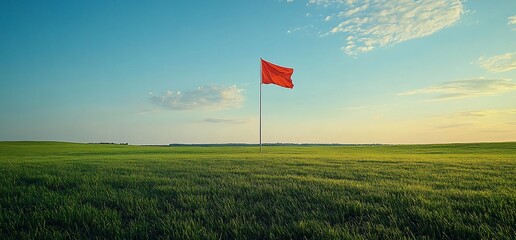 Lone red flag waving gently in the breeze above a vibrant green field landscape