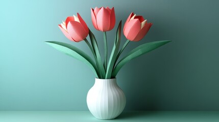 Obraz premium Three paper tulips in a simple vase against a soft pastel backdrop enhance a minimalist decor style