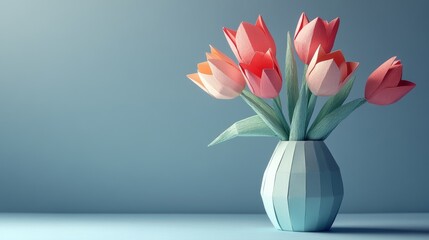Obraz premium Beautiful paper tulips arranged in a geometric vase against a soft blue background in a serene indoor setting