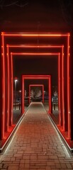 Dimensional gateway with red particle effect frame, modern lighting, sleek industrial aesthetic signature creates captivating tunnel view.