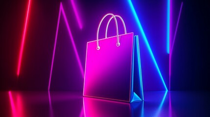 Neon shopping bag isolated on black background with colorful neon lights