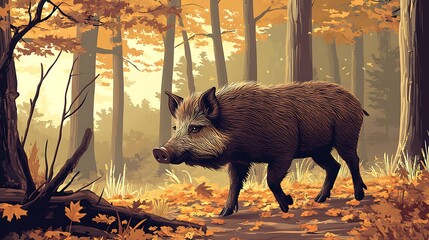 Wild boar in an autumn forest.