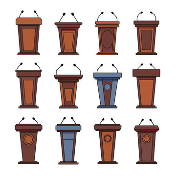Set of podium and lectern illustrations with microphones for debate, conference, speeches, presentations and public speaking event designs.