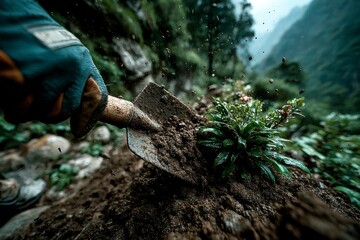 Fototapeta premium Gardening in Action A Gloved Hand Plants a Seedling with a Shovel Amidst Natures Backdrop