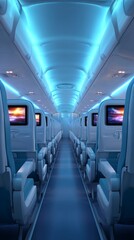 Fototapeta premium Airplane Cabin Interior with Blue Lighting and Passenger Seats