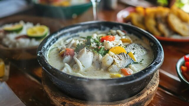 Moqueca coconut fish stew in dish with smoke around