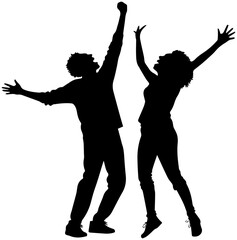 Silhouette of Joyful Man and Woman Celebrating with Raised Arms, Happiness and Freedom Concept