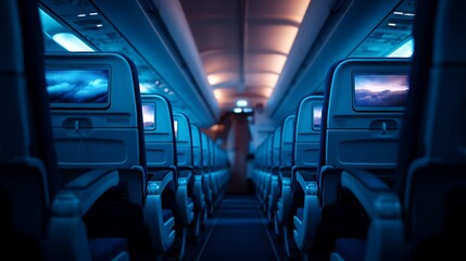 Fototapeta premium Airplane Cabin Interior with Passenger Seats and Screens
