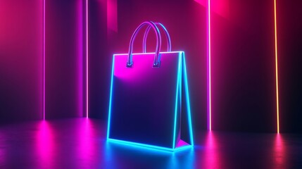 Futuristic shopping bag illuminated with vibrant neon lights concept