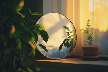 Round mirror with green plants on windowsill at night.