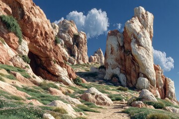Fototapeta premium Majestic Rock Formations and Verdant Landscape Under a Clear Blue Sky with Fluffy Clouds