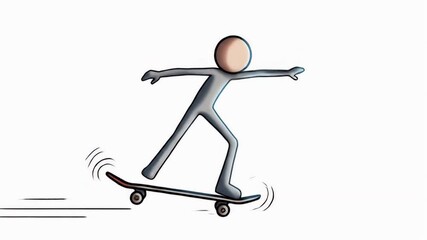 Dynamic Stickman on Skateboard Doing Tricks in Medium Angle Isolated on White Background Symbolizing Activity - Powered by Adobe