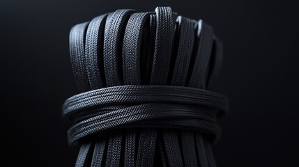 Abstract close-up of a tightly bound bundle of matte black shoelaces or cord