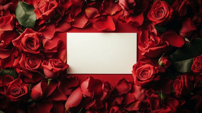 Romantic arrangement of red roses surrounding a blank card on a vibrant red background for special occasions