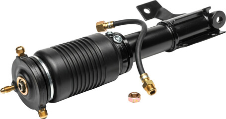 High Resolution Image of a Black Automotive Air Suspension Strut with Fittings and Nut