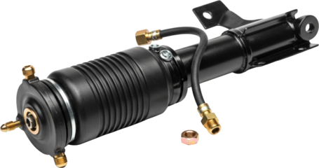 High Resolution Image of a Black Automotive Air Suspension Strut with Fittings and Nut