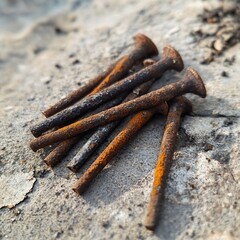 Rusty nails on a cracked concrete surface, symbolizing decay and neglect