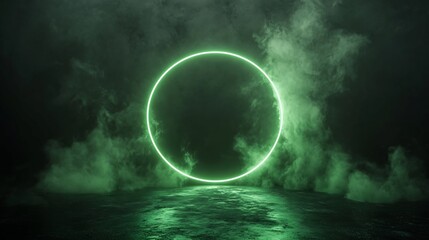 Green Neon Circle in Smoky Environment