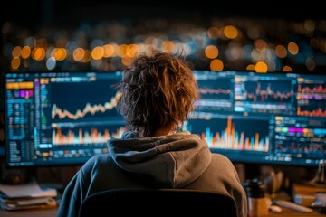 Obraz premium Trader Analyzing Financial Data on Dual Monitors at Night