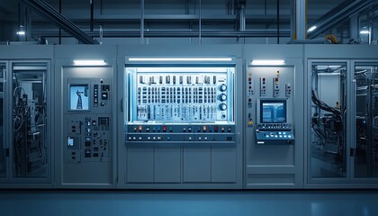 Advanced technology industrial machinery with control panels in a sterile environment