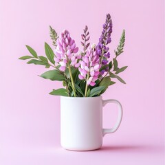 Lupine flowers in mug still life on white background