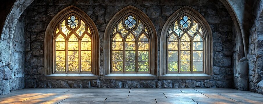 Gothic stone hall, sunrise, windows