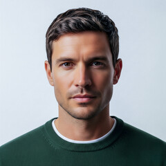 Fototapeta premium A man with a serious face, wearing a black sweater. White background. 