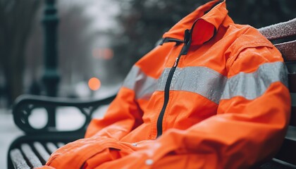 High-visibility orange jacket left on a park bench during a snowy winter day