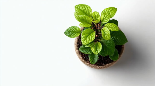 Fototapeta Young green plant growing in clay pot on white background. New growth concept. Gardening and ecology theme with copy space.