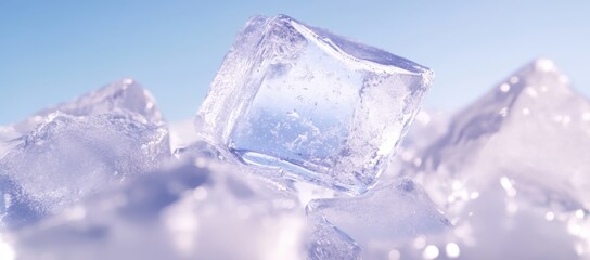 Obraz premium Crystal-clear ice cubes gleam against a soft blue backdrop, creating a refreshing, cool image