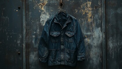 Worn work jacket hanging against a grunge textured wall conveys durability and grit