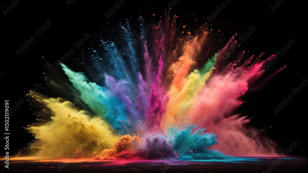 Poster a vibrant explosion of colorful powder against a stark black backdrop creating a dynamic display of 