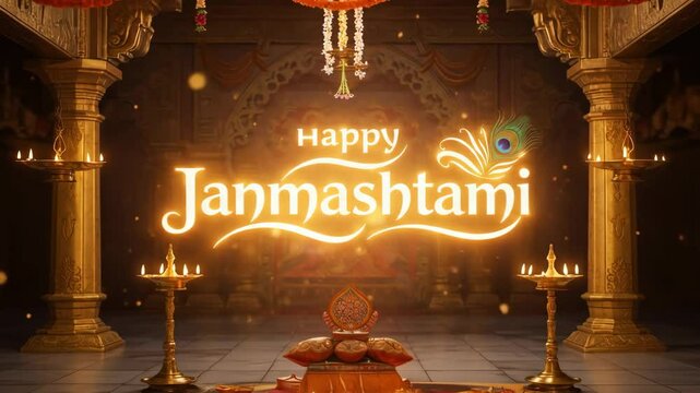 Elegant traditional indoor celebration setup for happy janmashtami festival with glowing text and decorative elements