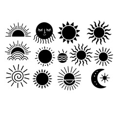 Boho abstract sun icon set, flat vector style on white