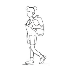 Continuous line drawing of little girl with backpack walking on the street. Concept of student person with bag go to school. Vector illustration sketch editable stroke