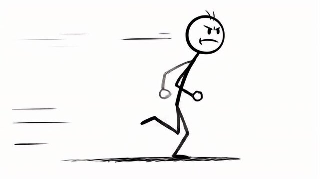 Animated Stickman Running with Angry Expression and White Background Depicting Speed and Determination Stick Figure Isolated