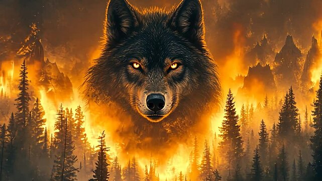 Majestic Wolf in Fiery Forest Awe-Inspiring Visuals of Nature's Power