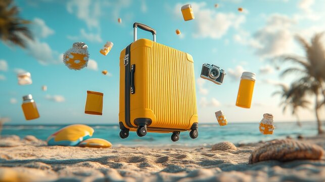 Floating yellow suitcase, beach items, vacation - Powered by Adobe