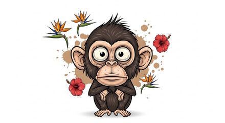 Adorable Cartoon Chimpanzee Illustration with Tropical Flowers