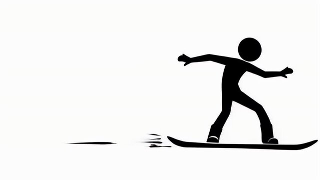 Black Stick Figure Snowboarding on White Background Winter Sport