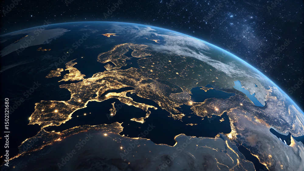 Aufkleber earth from space showing europe and the middle east illuminated at night with stars in the backgroun