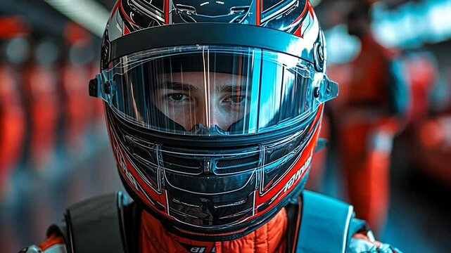 Focused Racer: An Intense Close-Up of a Driver in Full Racing Gear, Preparation
