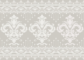 Elegant Traditional Ornamental Damask Border seamless Pattern with Grey Floral Motifs for Textiles, Ceremony, Backgrounds, Packaging, and Decorative Vector Design
